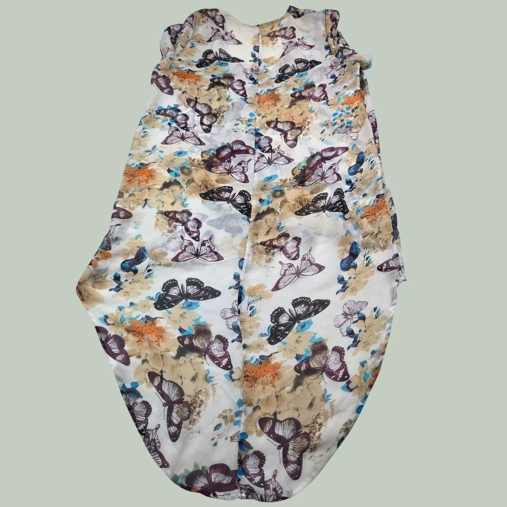 Butterfly Floral Sheer Kimono Duster Swimsuit Cover Up High Low Hem Medium